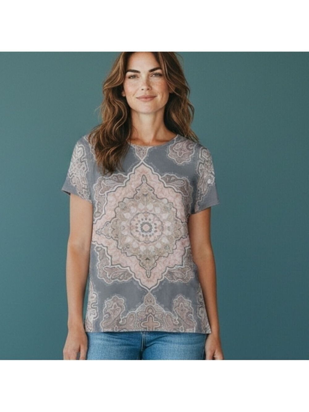 Gray and Pink Short Sleeve Boxy Blouse with Medallion Print